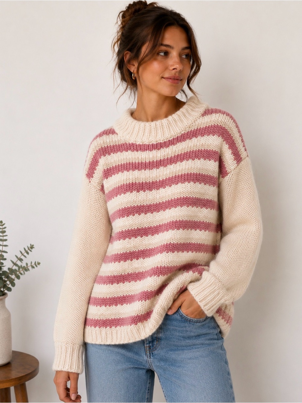 Striped Hand Knit Cream and Pink Cozy Knit Sweater - Women's